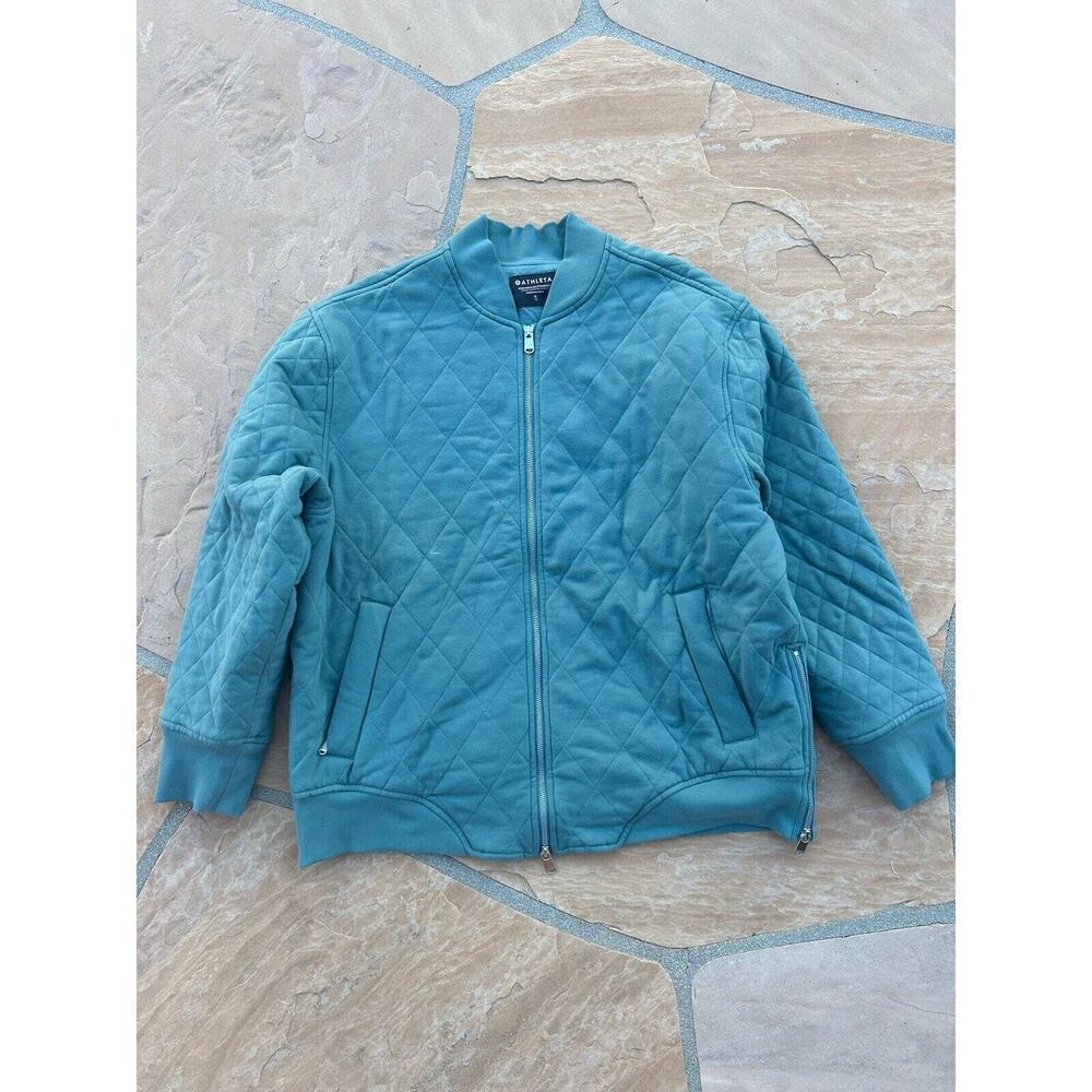 Athleta Women Jacket Size XL Retroplush Bomber Jacket Teal Full Zip Up Quilted